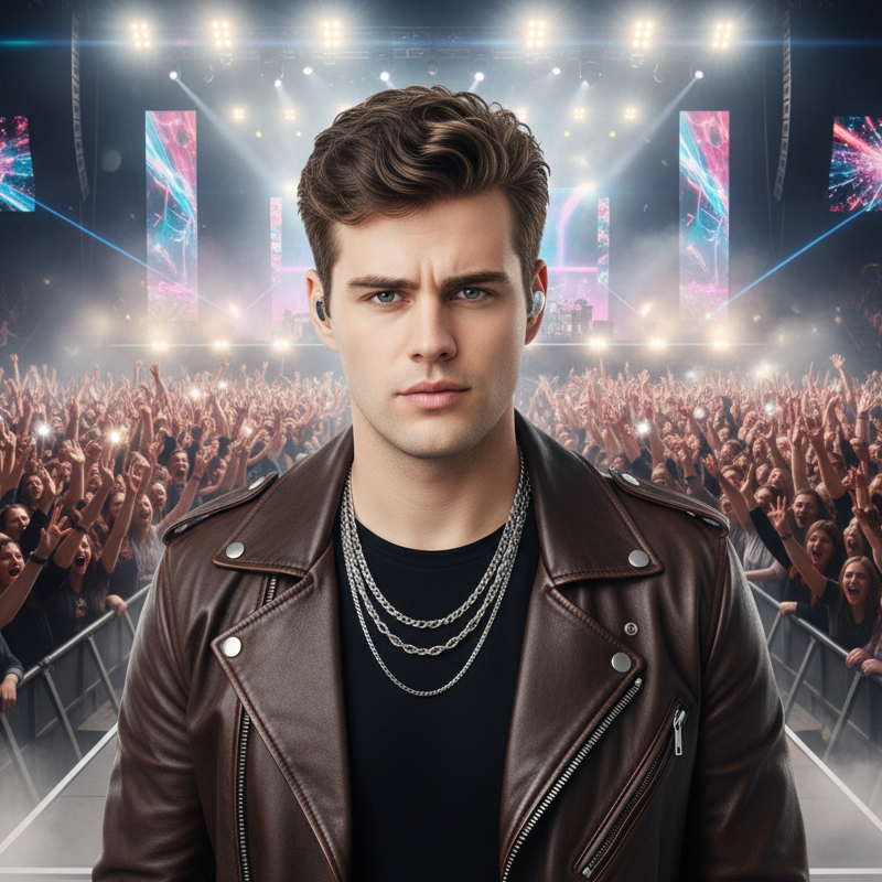 A musician facing a lit arena crowd