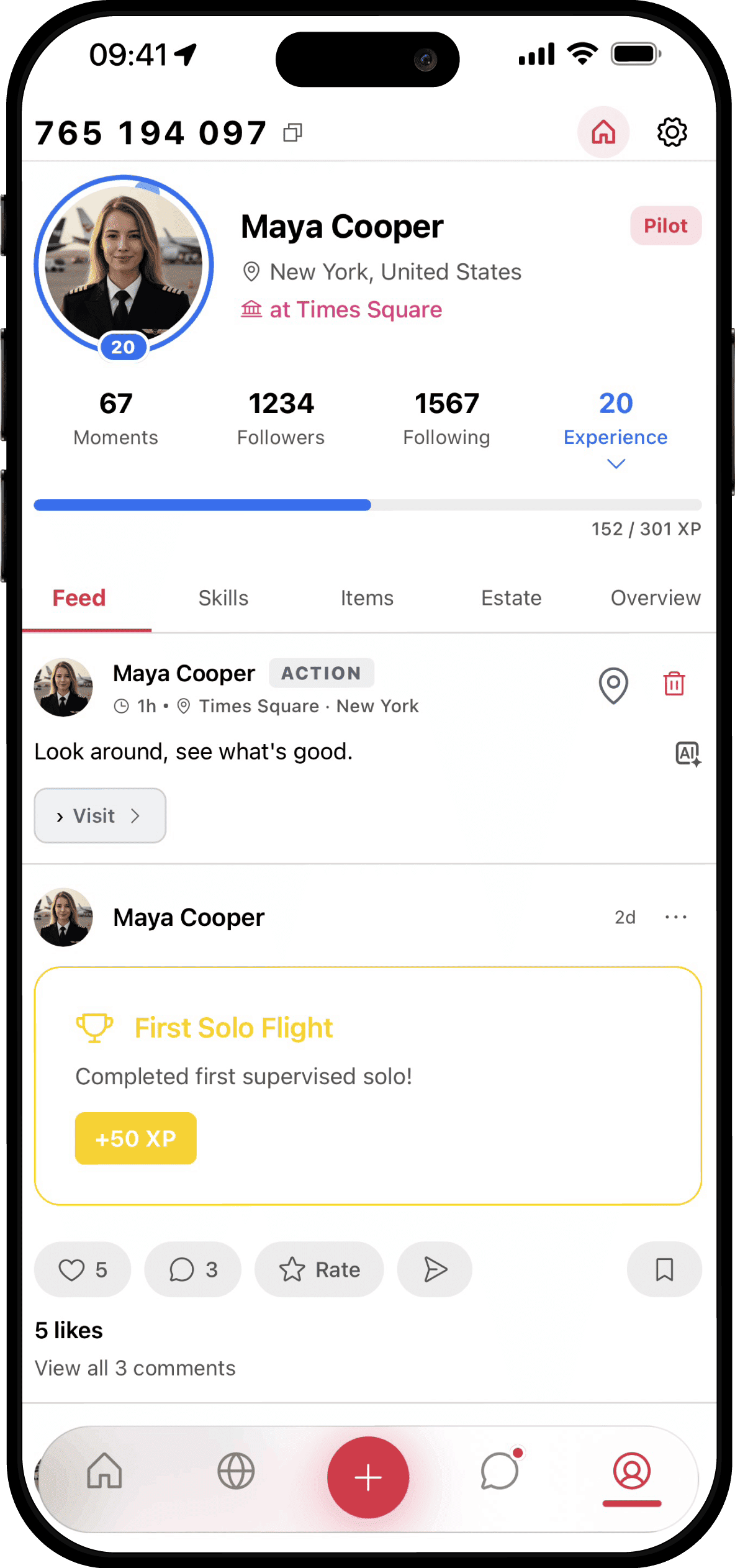 BeMatrx app showing Maya Cooper's pilot profile with achievements and stats